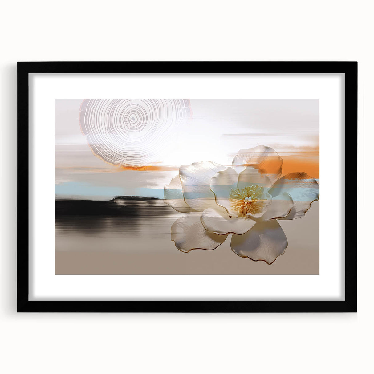 Abstract wall art featuring fluid strokes and lines in a modern design, framed in black with a white mat, perfect for contemporary decor. Ideal for enhancing living spaces or offices.