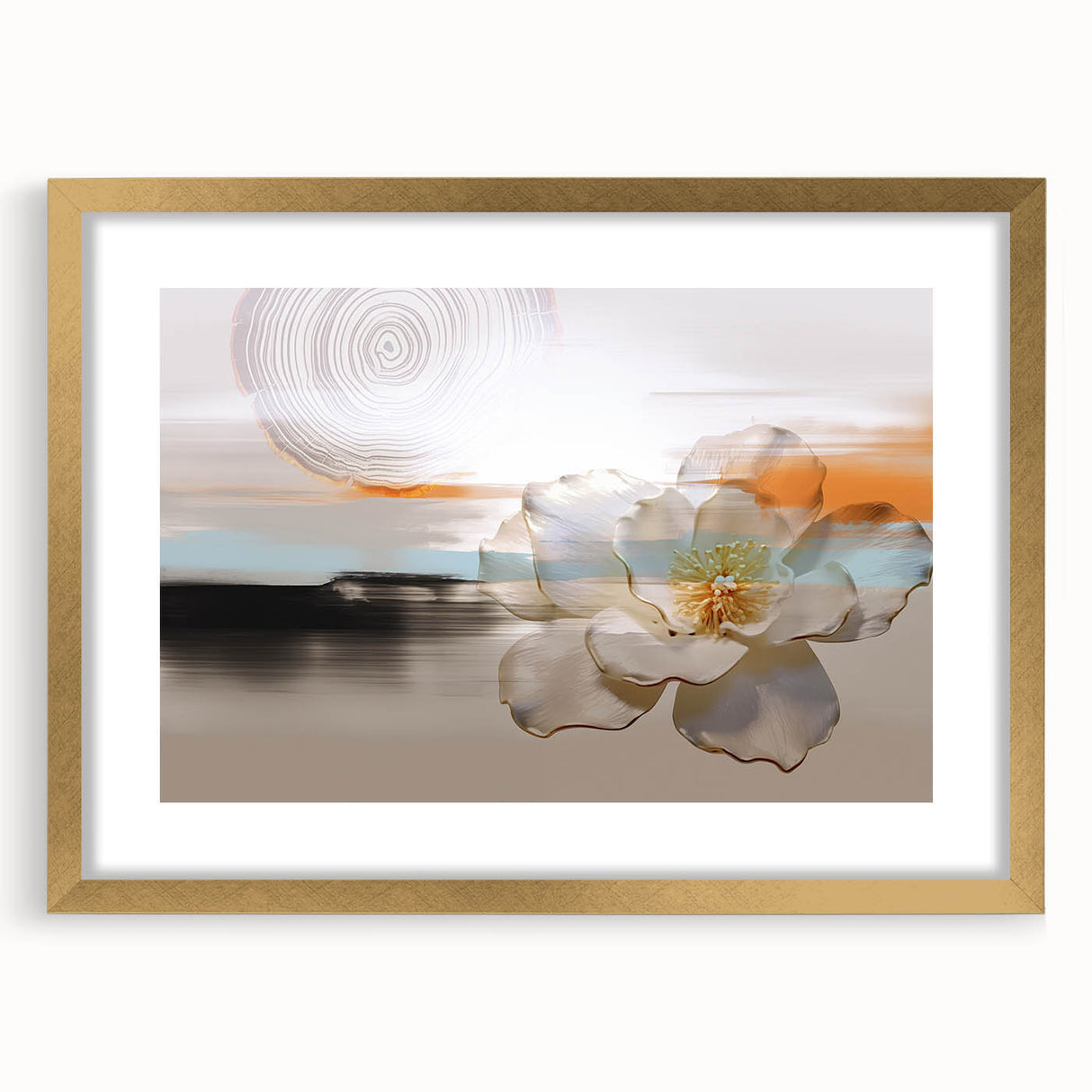 Abstract wall art featuring elegant strokes and lines in soft earth tones, framed in a stylish gold frame with a mat, ideal for contemporary home decor.