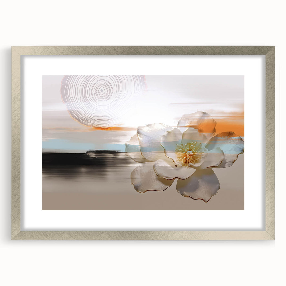 Abstract wall art featuring strokes and lines in muted tones of blue, gray, and silver, framed with a sleek silver mat, perfect for modern home decor.