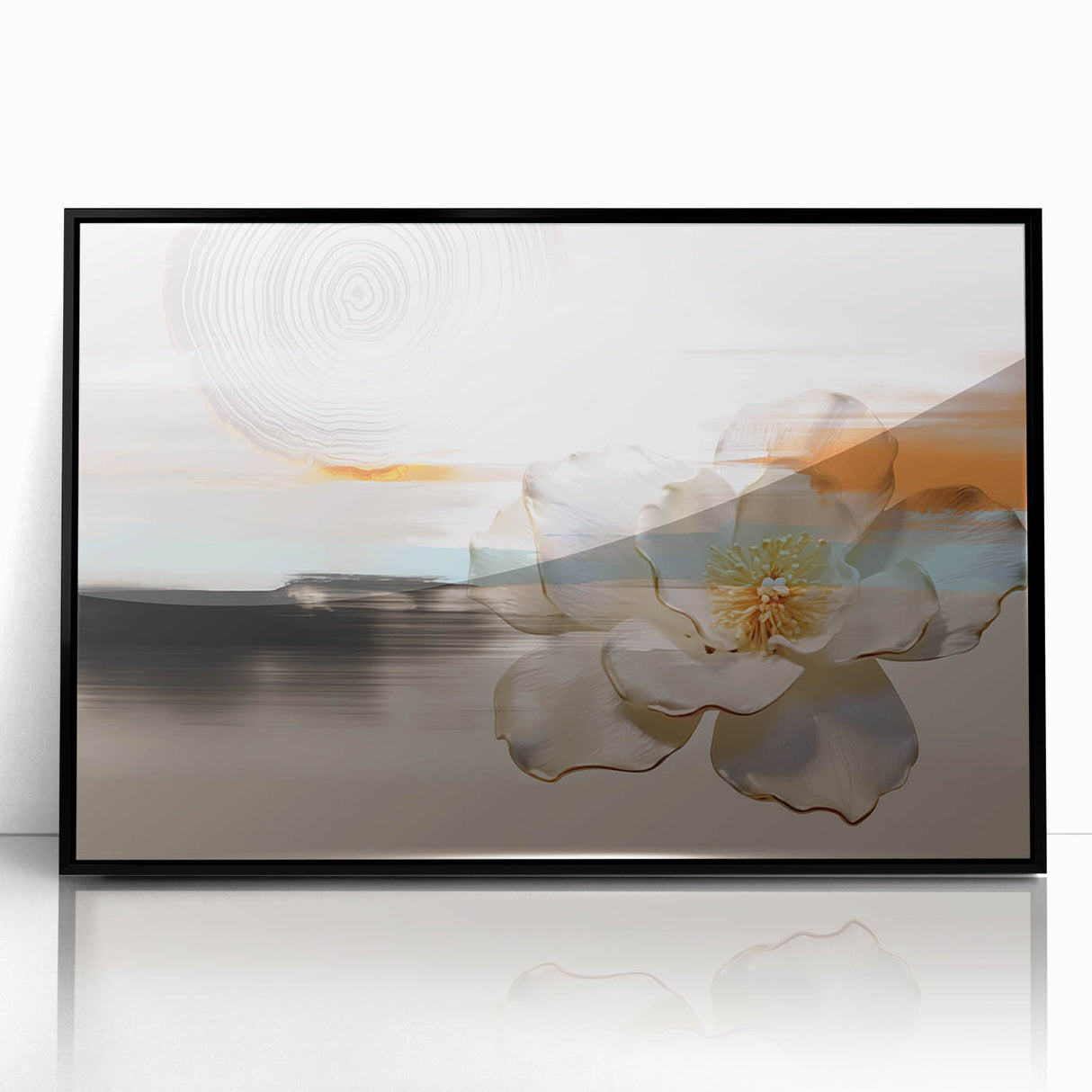 Framed wall art showcasing an abstract design of colorful strokes and lines, featuring a sleek black frame, perfect for modern home decor.