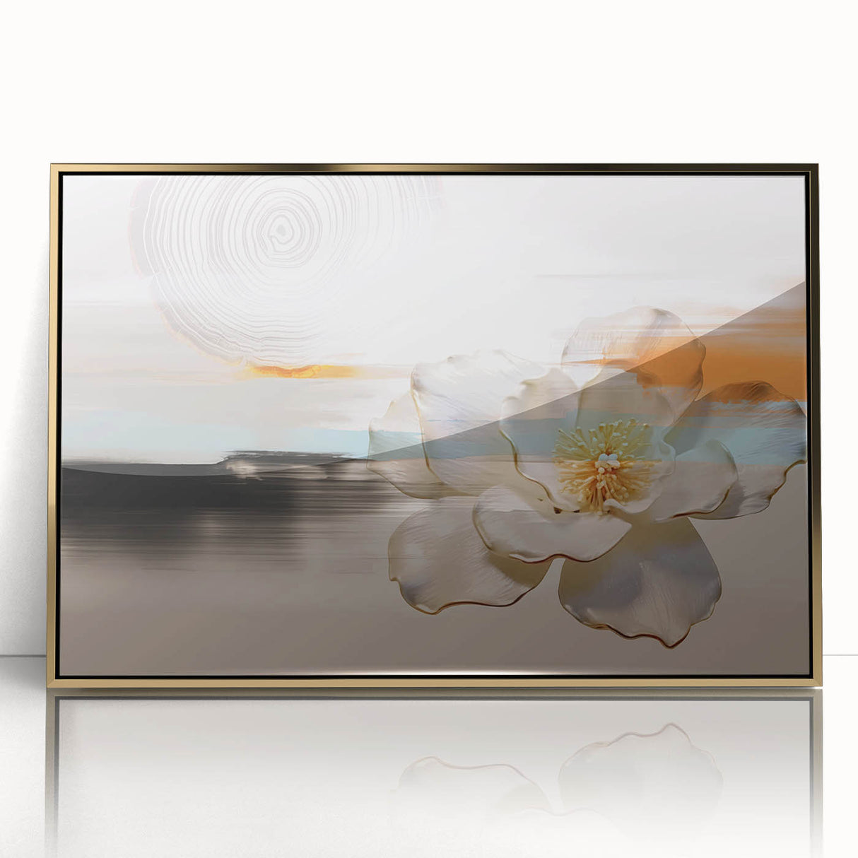 Framed acrylic wall art featuring an abstract design of golden strokes and lines on a textured background, perfect for modern home decor.