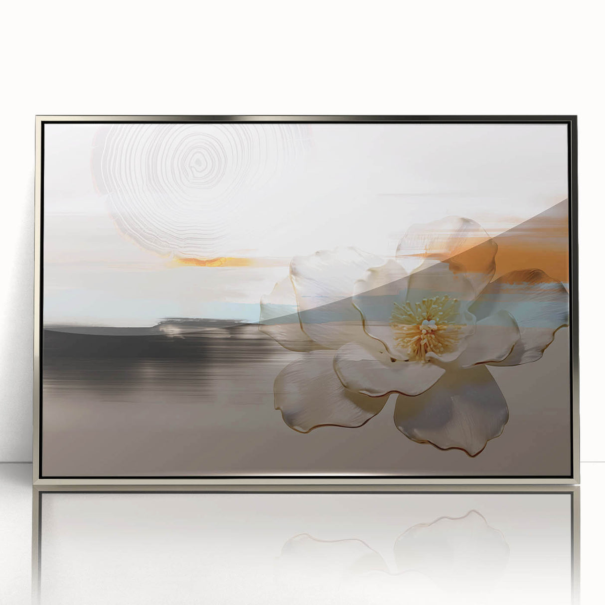 Framed wall art featuring an abstract design of colorful strokes and lines in silver, adding a modern touch to home decor, perfect for contemporary interiors.