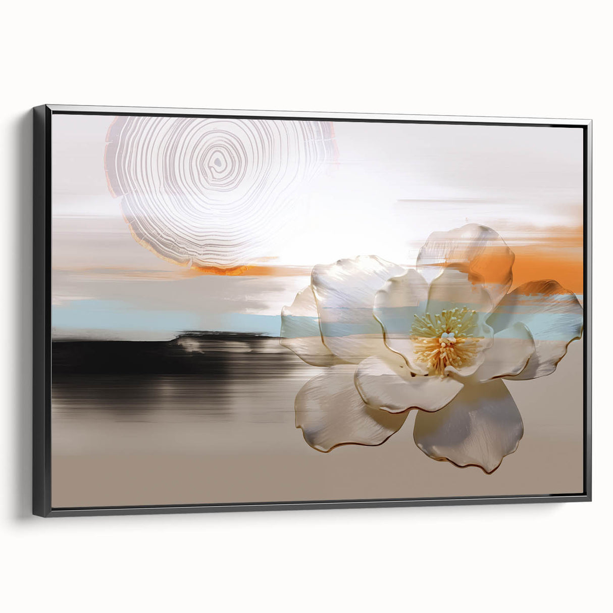 Framed canvas wall art showcasing an abstract design with dynamic strokes and lines in black and white, presented in a sleek frame from the side view. Ideal for modern decor.