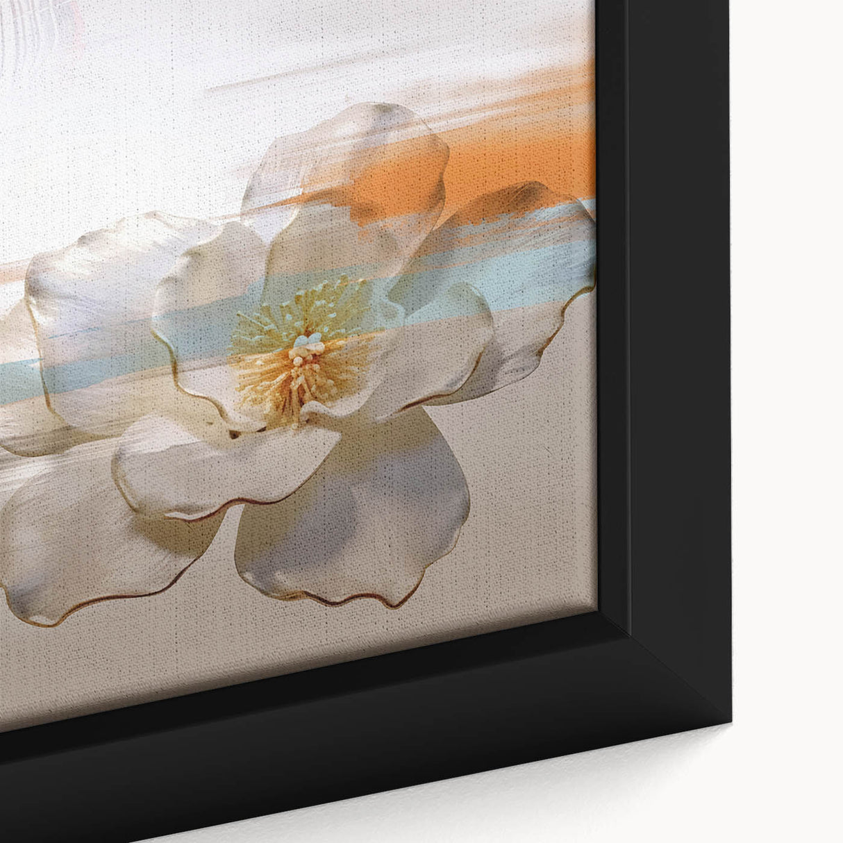 Close-up of an abstract wall art piece showcasing vibrant strokes and lines in blue, orange, and yellow hues, framed for a modern decor aesthetic.