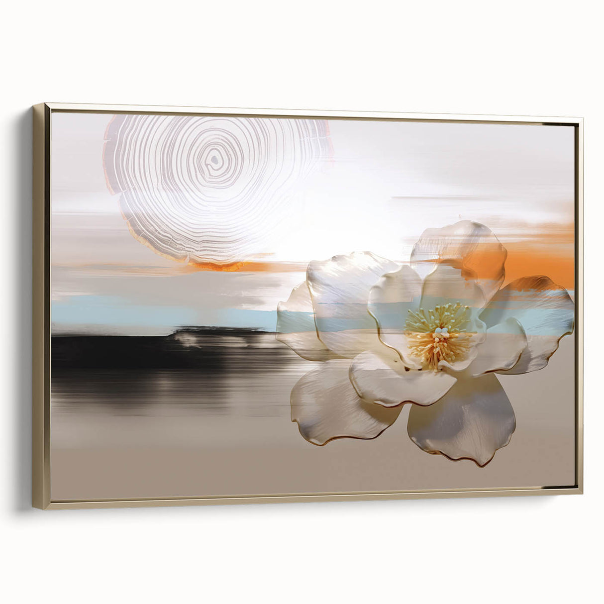 Framed canvas wall art showcasing an abstract design of gold strokes and lines, elegantly displayed from the side, perfect for modern home decor.