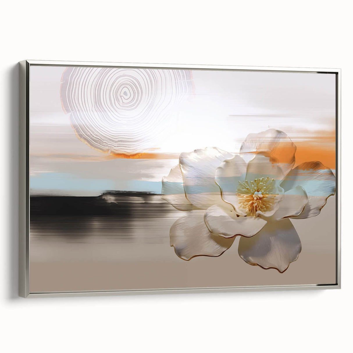 Framed canvas wall art showcasing an abstract design of strokes and lines in muted tones, featuring a sleek silver frame that enhances modern decor aesthetics.