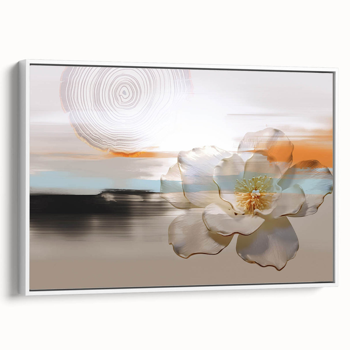 Framed canvas wall art showcasing an abstract design with dynamic strokes and lines in vibrant colors against a white background, emphasizing modern decor appeal.