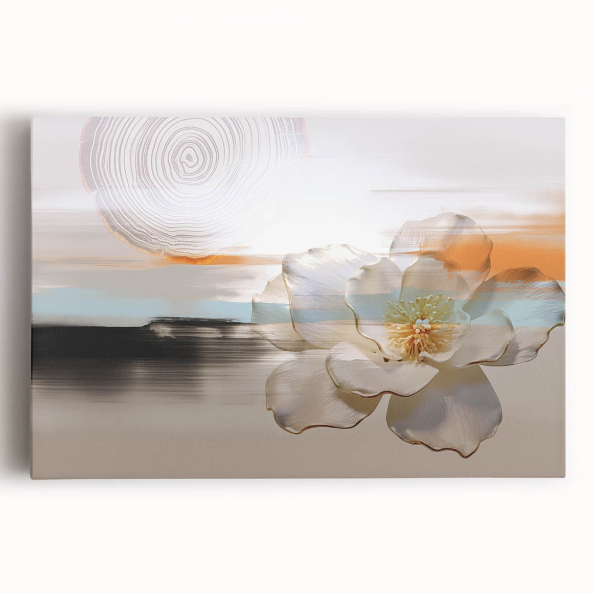 Abstract wall art design featuring vibrant strokes and lines in shades of blue, pink, and gold, printed on stretched canvas, perfect for modern home decor.