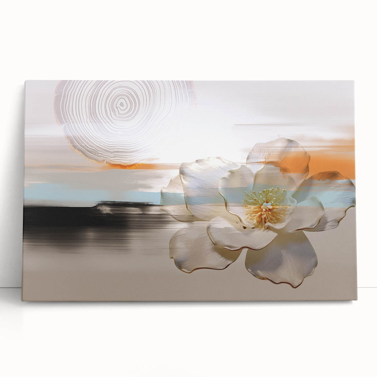 Abstract wall art print showcasing colorful strokes and lines in vibrant hues of blue, orange, and yellow on a stretched canvas, perfect for modern home decor.