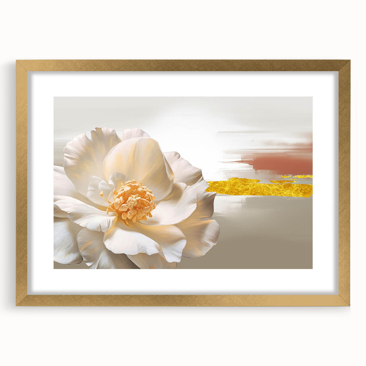 Abstract strokes and lines design wall art in a gold frame with a mat, showcasing a modern aesthetic. Ideal for stylish home decor, enhancing any interior space.