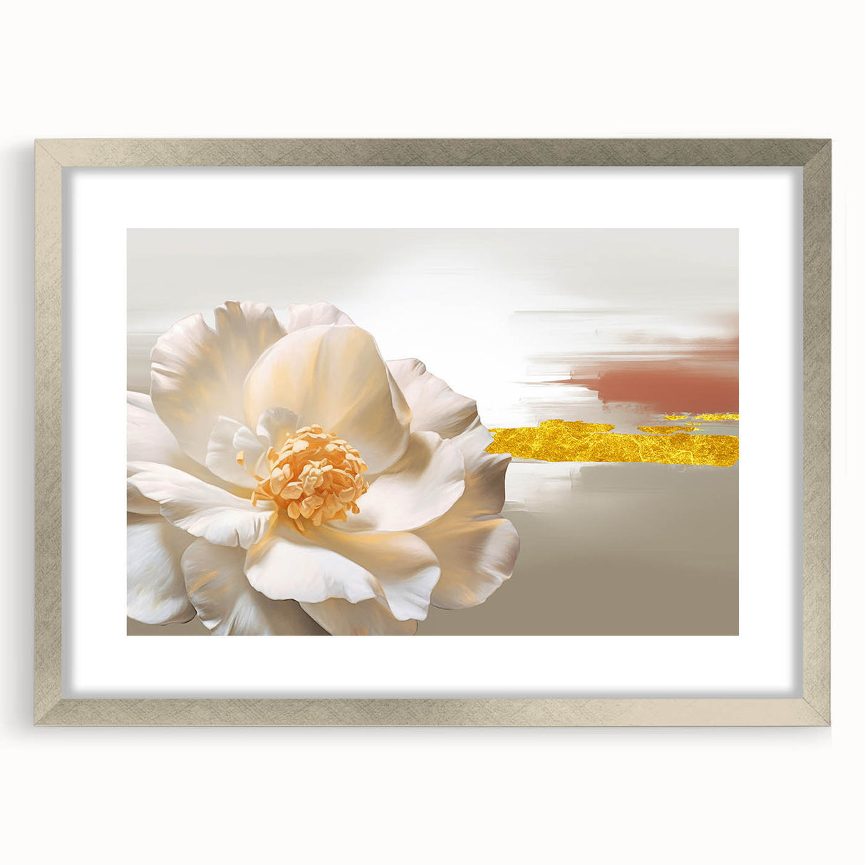Abstract wall art featuring vibrant strokes and lines in a silver frame with matting, showcasing a contemporary design ideal for modern home decor.