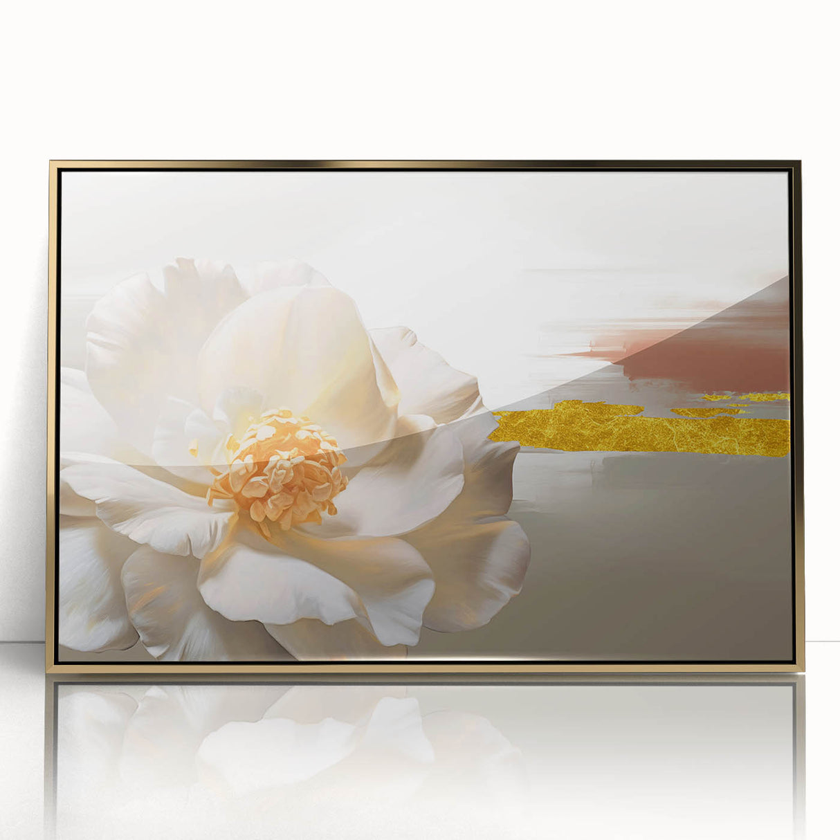 Framed wall art featuring an abstract design with dynamic strokes and lines in gold and black, perfect for modern decor. Ideal for enhancing living spaces.