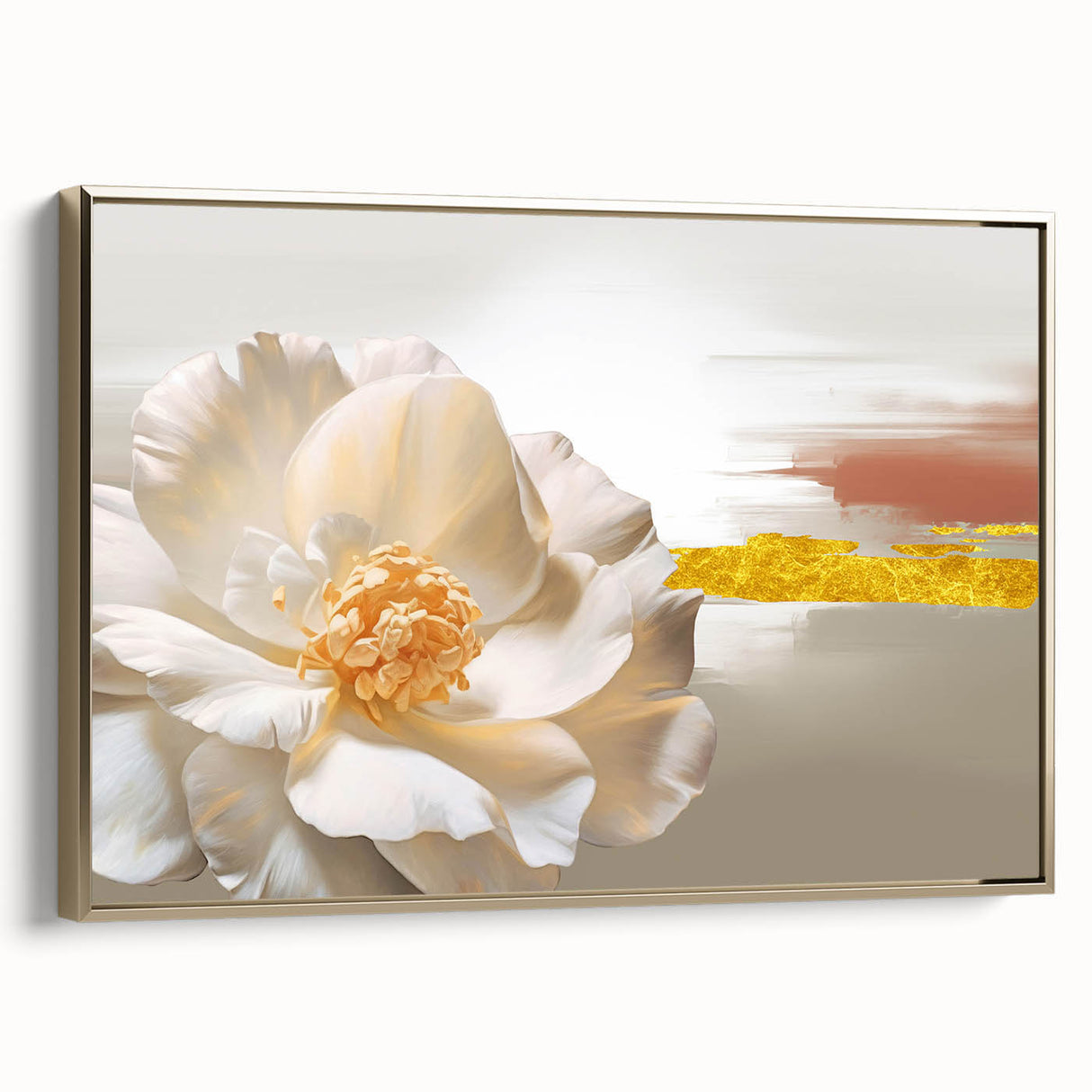 Framed canvas wall art showcasing an abstract design with gold strokes and lines, elegantly displayed from a side view, perfect for modern home decor.