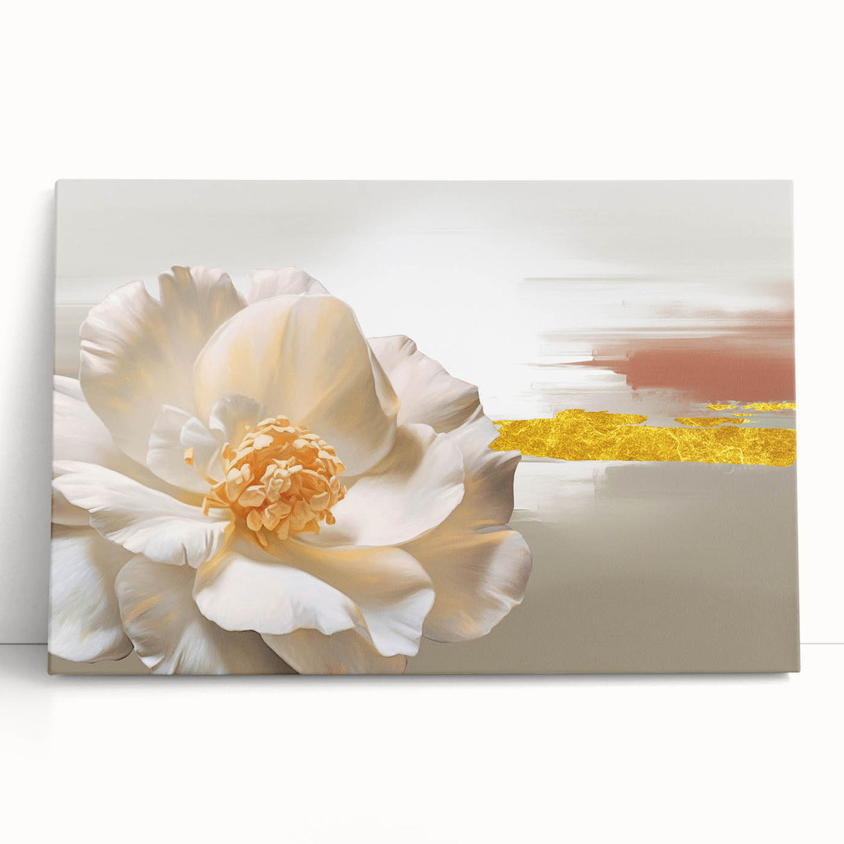 Abstract strokes and lines design in vibrant colors on stretched canvas wall art, leaning against a neutral-toned background, perfect for modern decor.