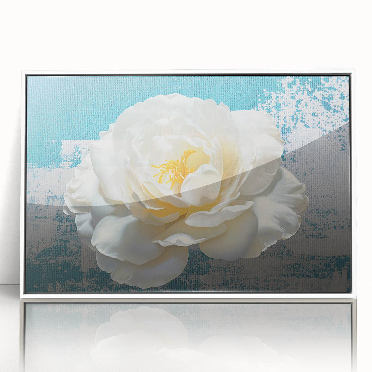 Framed wall art featuring an abstract design of colorful strokes and lines, showcasing a modern aesthetic with a white frame, ideal for contemporary decor.