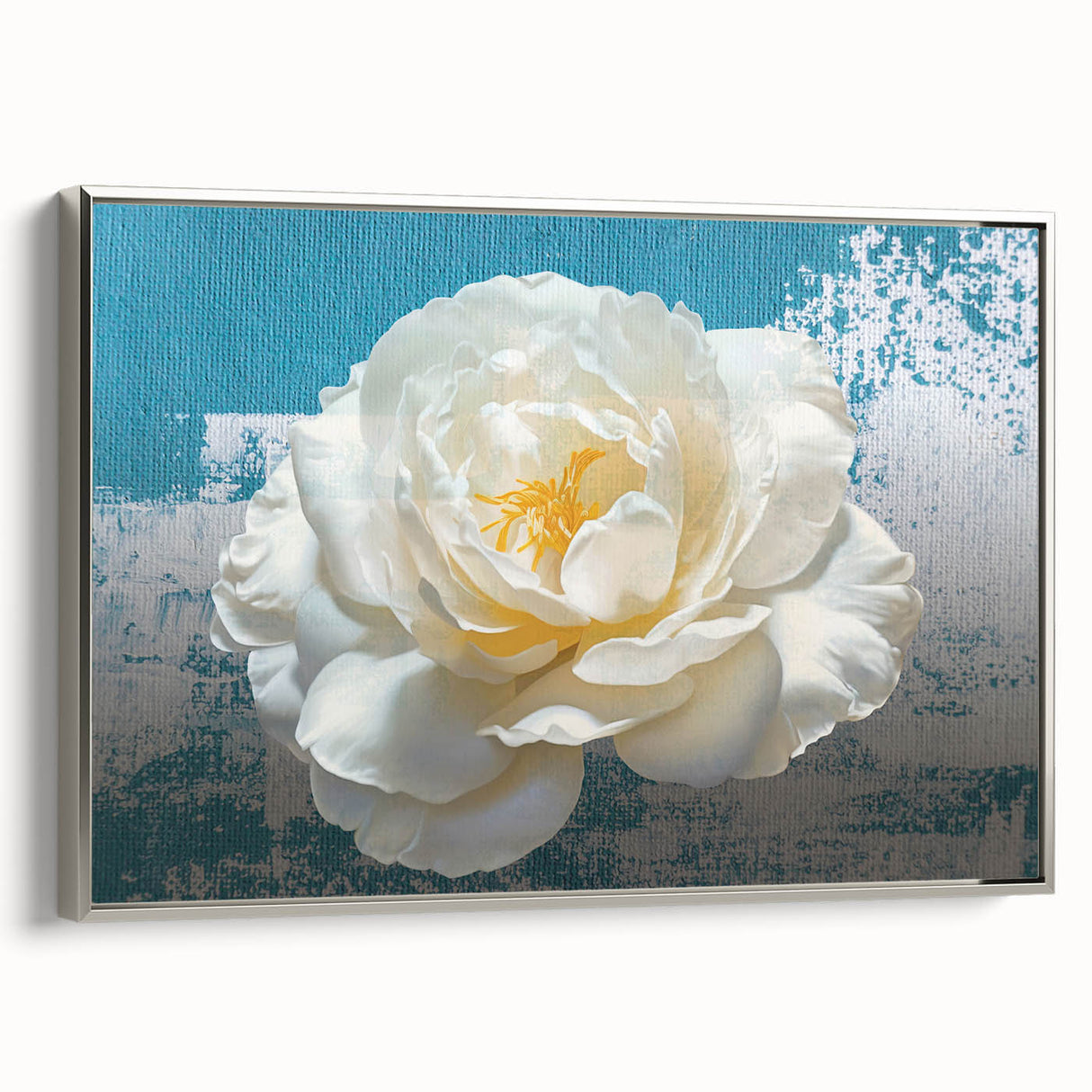 Framed abstract wall art showcasing a modern design with silver strokes and lines, perfect for contemporary home decor or art collection. Side view highlights the sleek frame.