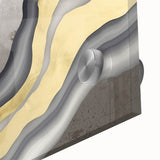 Colorful abstract strokes and lines in a modern wall art design, showcasing vibrant hues of blue, orange, and yellow on acrylic glass, ideal for contemporary decor.