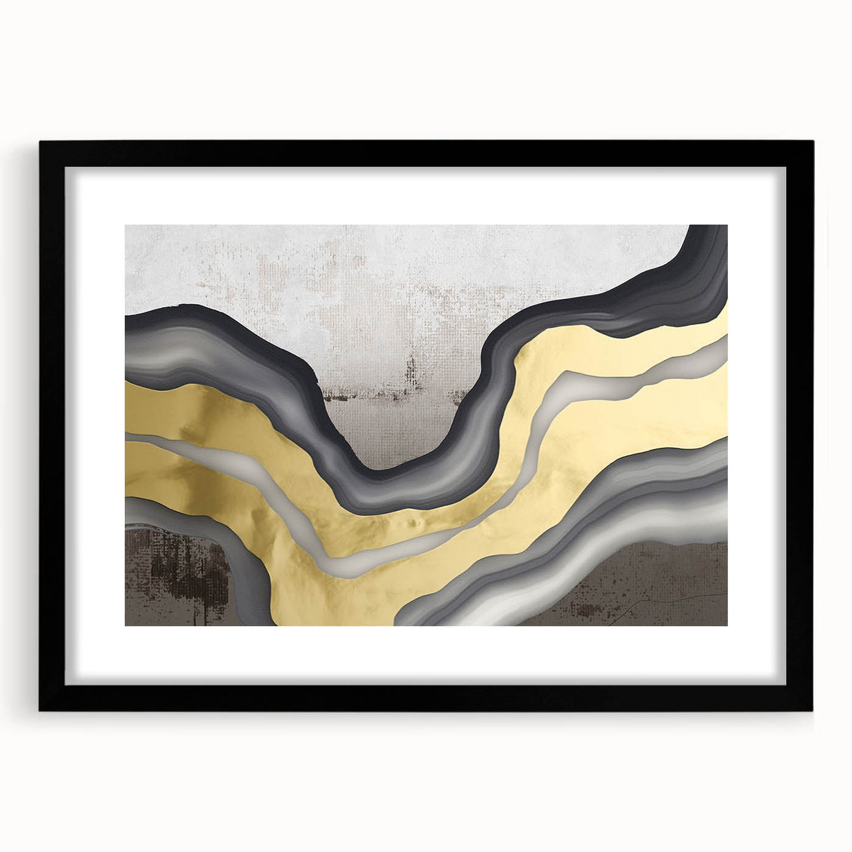 Abstract wall art featuring bold strokes and lines in a modern design, framed in black with a mat, ideal for contemporary home decor.