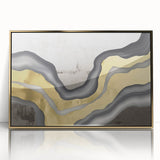 Framed wall art featuring an abstract design of gold strokes and lines on a white background, adding a modern touch to any interior decor. Perfect for contemporary spaces.