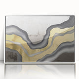 Framed abstract wall art featuring vibrant strokes and lines in shades of blue, yellow, and pink, set against a sleek white background, ideal for modern decor.
