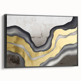 Framed canvas artwork showcasing an abstract design of colorful strokes and lines in a modern aesthetic, featuring a sleek black frame, ideal for contemporary decor.
