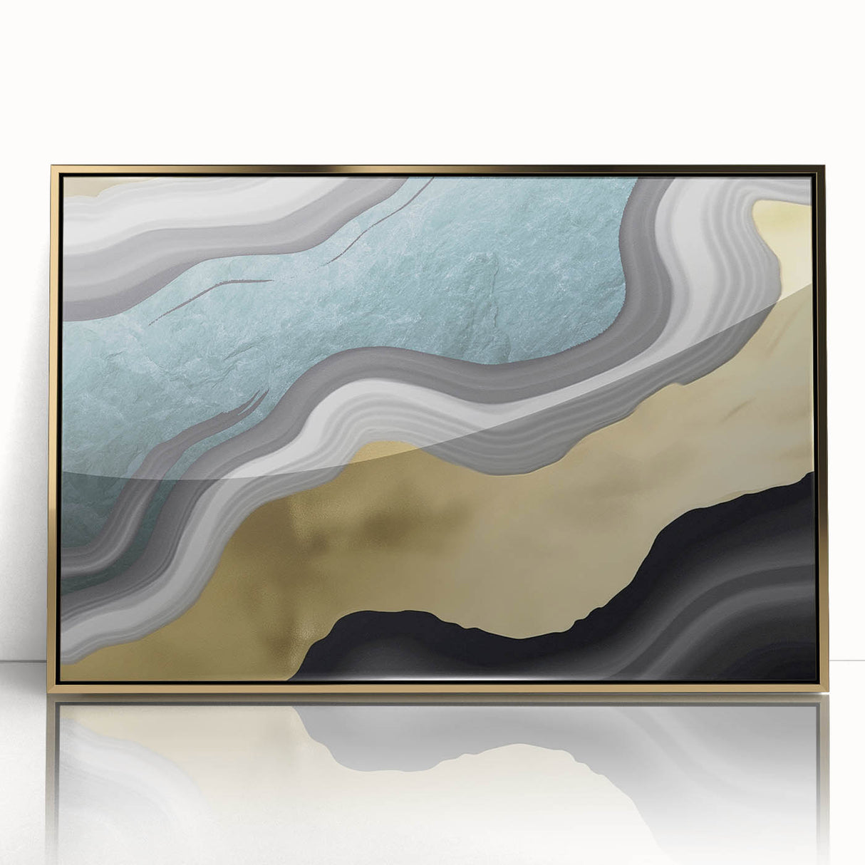 Framed wall art featuring an abstract design of gold strokes and lines on a sleek acrylic surface, ideal for modern decor and enhancing interior aesthetics.