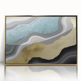 Framed wall art featuring an abstract design of gold strokes and lines on a sleek acrylic surface, ideal for modern decor and enhancing interior aesthetics.