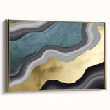 Framed canvas wall art showcasing an abstract design of gold strokes and lines on a textured background, ideal for modern decor. Perfect for elevating living spaces.