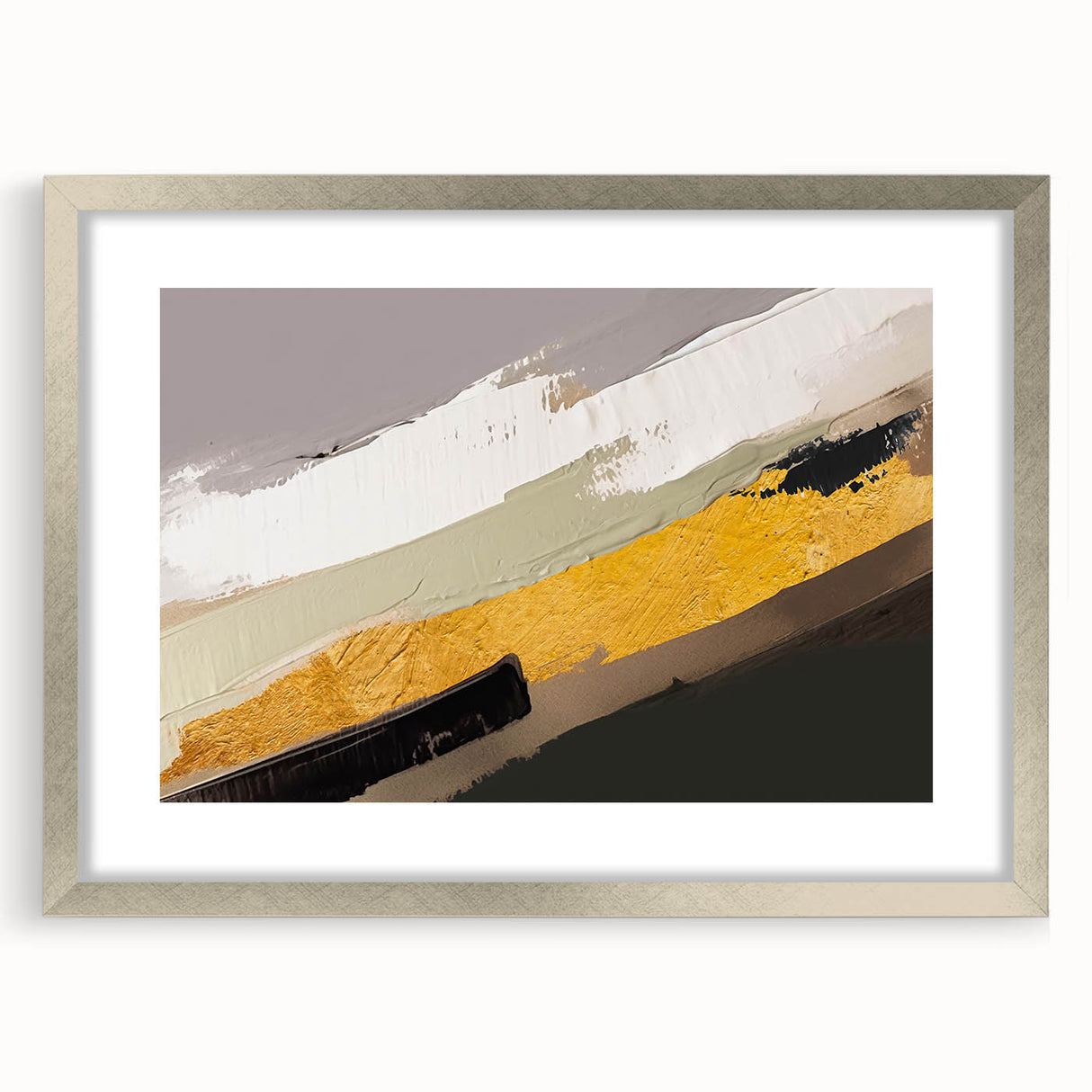 Abstract wall art design showcasing vibrant strokes and lines in a silver-framed mat, perfect for modern home decor or office settings.
