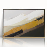 Framed wall art showcasing an abstract design with golden strokes and lines on a white background, perfect for modern home decor. Ideal for enhancing interior aesthetics.