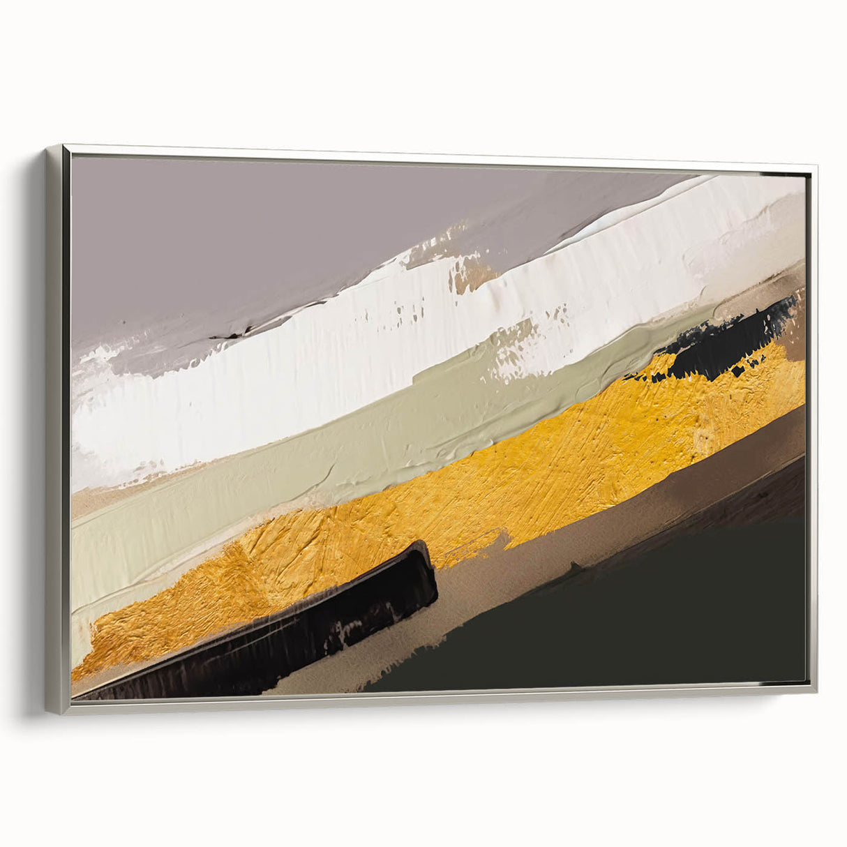 Framed wall art featuring an abstract design of colorful strokes and lines in a modern style, with a sleek silver frame, ideal for contemporary decor.