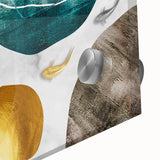 Colorful abstract strokes and lines create a modern wall art design, featuring vibrant hues of blue, orange, and yellow, ideal for contemporary decor.