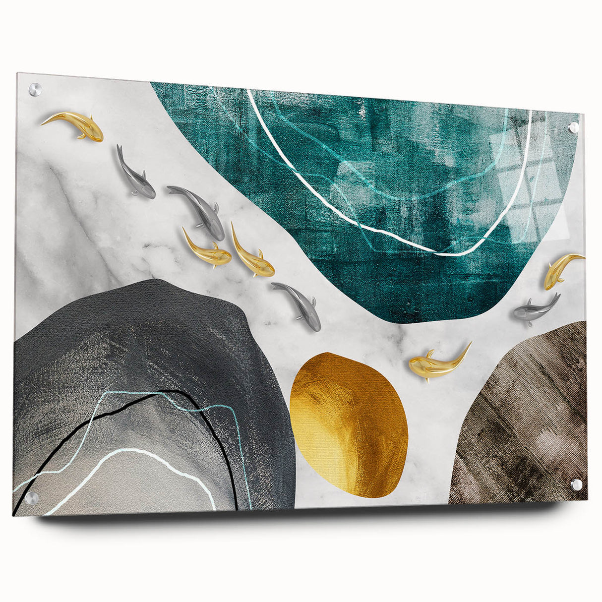 Abstract wall art design showcasing vibrant strokes and lines in a bold color palette, displayed in a modern acrylic frame with visible mounting pins, enhancing contemporary decor.