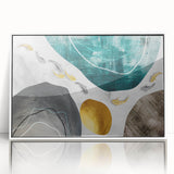 Framed wall art featuring an abstract design of colorful strokes and lines, presented in a sleek white frame, perfect for modern home decor.