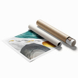 Abstract wall art print showcasing vibrant strokes and lines in shades of blue, gold, and white, ideal for modern home decor or gallery walls.