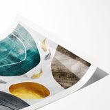 Abstract wall art print showcasing vibrant strokes and lines in shades of blue, orange, and yellow, perfect for modern home decor. This rolled print emphasizes contemporary artistic expression and adds a colorful touch to any interior space.