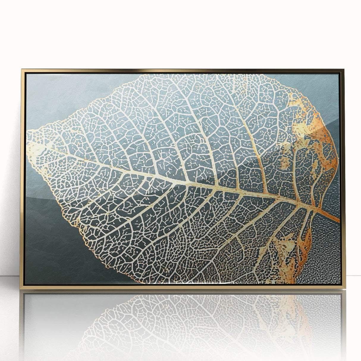 Framed acrylic wall art featuring an abstract design of gold strokes and lines on a neutral background, perfect for modern home decor.
