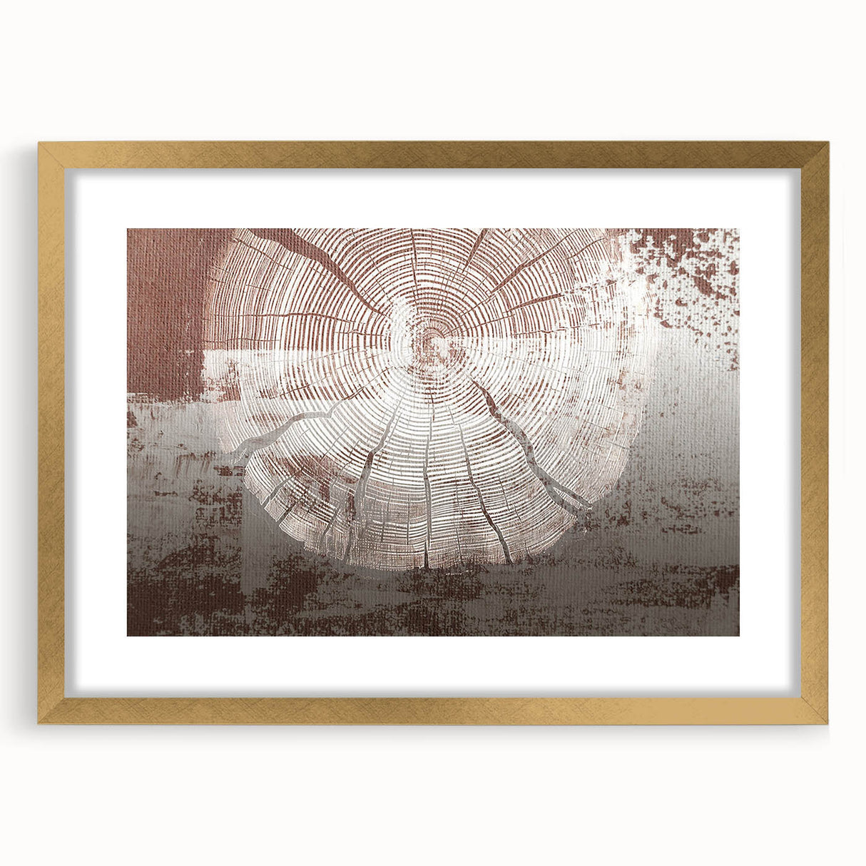 Abstract wall art featuring dynamic strokes and lines in gold and white, elegantly framed with a mat, ideal for modern interior decor in living spaces.