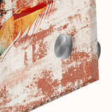 Abstract wall art design featuring vibrant strokes and lines in shades of blue, orange, and yellow, presented as a close-up on acrylic glass, perfect for modern decor. This artwork enhances contemporary interiors with its dynamic colors and fluid shapes, appealing to art enthusiasts seeking unique wall decor options.