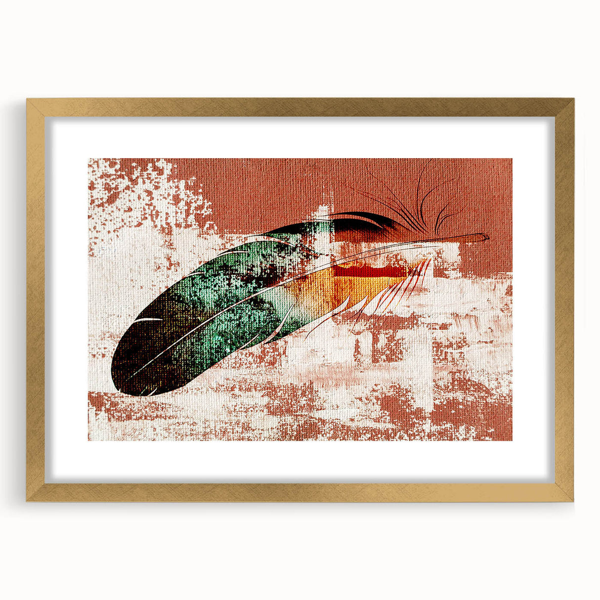 Abstract wall art featuring a contemporary design of colorful strokes and lines in a gold-framed setting, perfect for modern home decor accents.