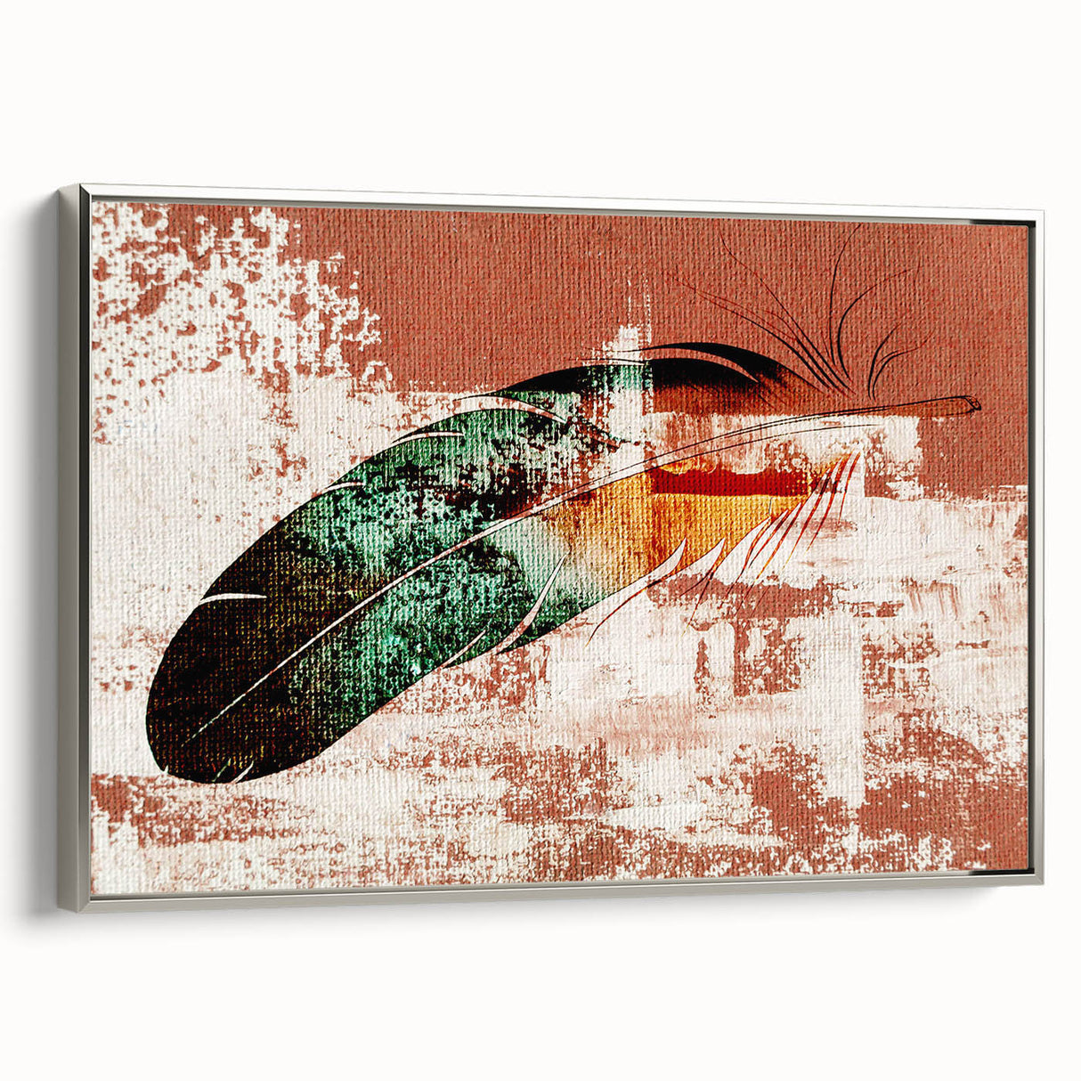 Framed canvas wall art showcasing an abstract design with dynamic strokes and lines in silver hues, adding a modern touch to any interior decor.