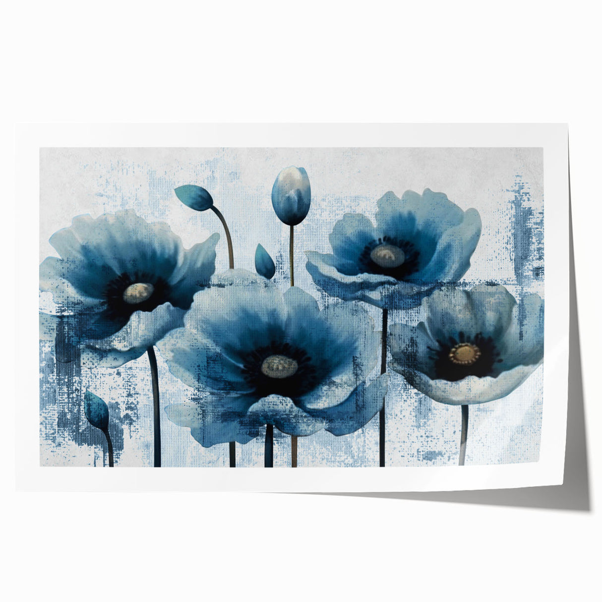 Abstract wall art print showcasing vibrant strokes and lines in shades of blue, orange, and gold, perfect for modern home decor or office aesthetics.