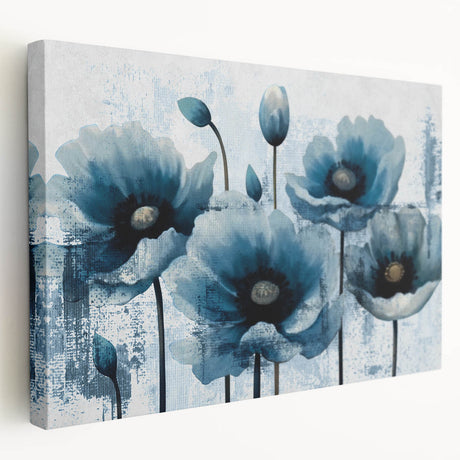 Abstract strokes and lines in vibrant blue, yellow, and green hues create a modern wall art design on a stretched canvas, showcasing a side view of the artwork.