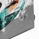 Close-up of an abstract wall art piece featuring vibrant strokes and lines in shades of blue, yellow, and pink, designed for modern home decor.