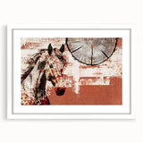 Abstract wall art featuring dynamic strokes and lines in shades of blue, grey, and gold, displayed in a white frame with a mat, ideal for modern home decor.