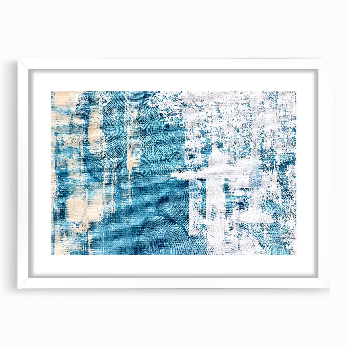 Abstract wall art featuring dynamic strokes and lines in muted earth tones, framed with a white mat, adding a modern touch to any decor.
