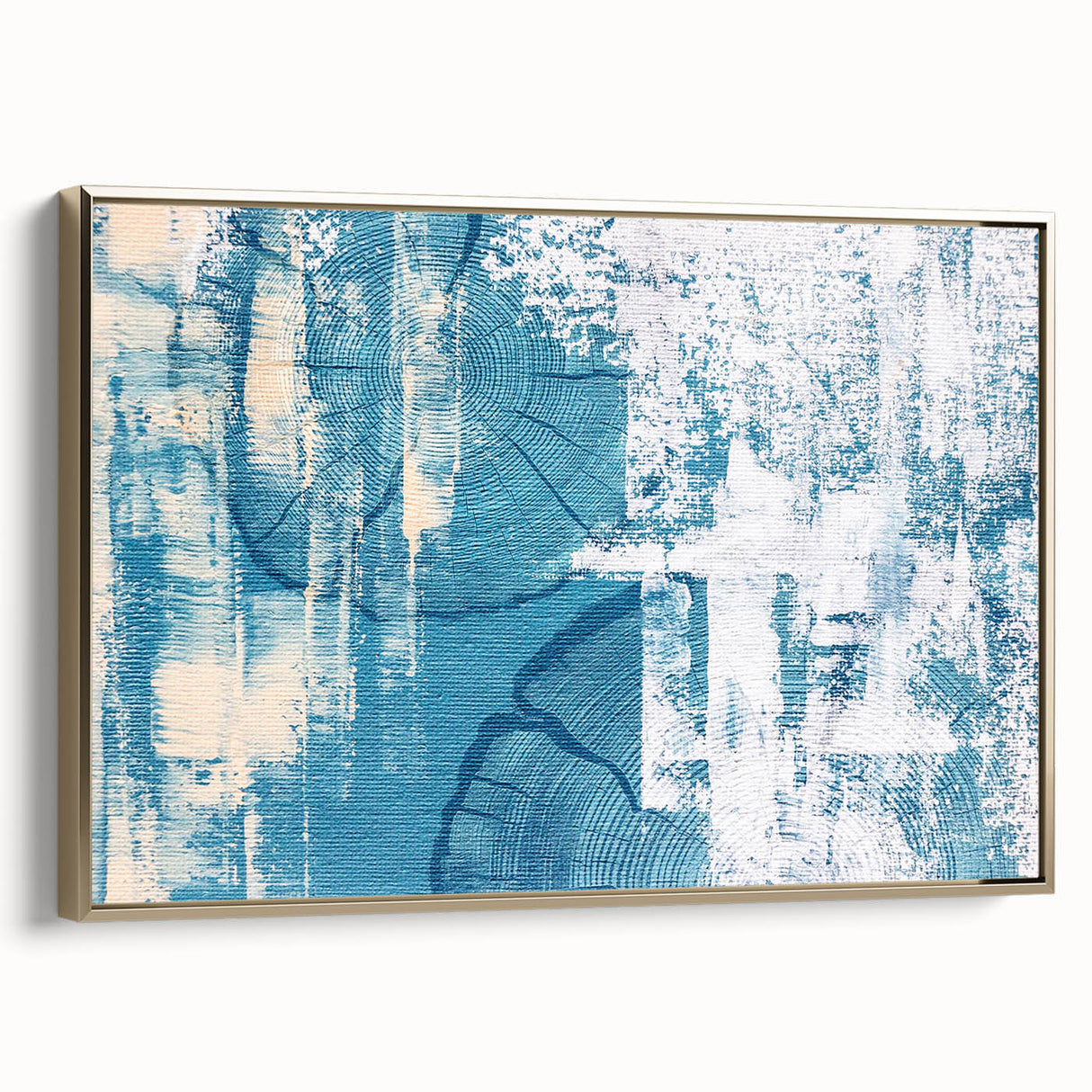 Framed canvas wall art showcasing an abstract design with gold strokes and lines, elegantly displayed from a side view, perfect for modern home decor.