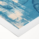 Abstract wall art featuring vibrant strokes and lines in shades of blue, pink, and gold, printed on high-quality rolled canvas, ideal for modern home decor.