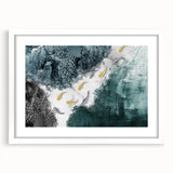 Abstract wall art featuring vibrant strokes and lines in various shades of blue, yellow, and orange, framed with a white mat, perfect for modern decor.