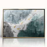 Framed acrylic wall art featuring a modern abstract design with gold and white strokes and lines, perfect for contemporary home decor and stylish interiors.